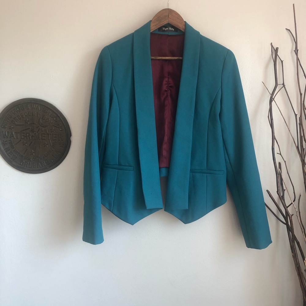 NWOT Teal open front blazer burgundy lining SZ M